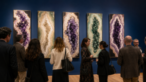 Visitantes observam obras com formas minerais na exposição Elementares, de Denise Milan.
