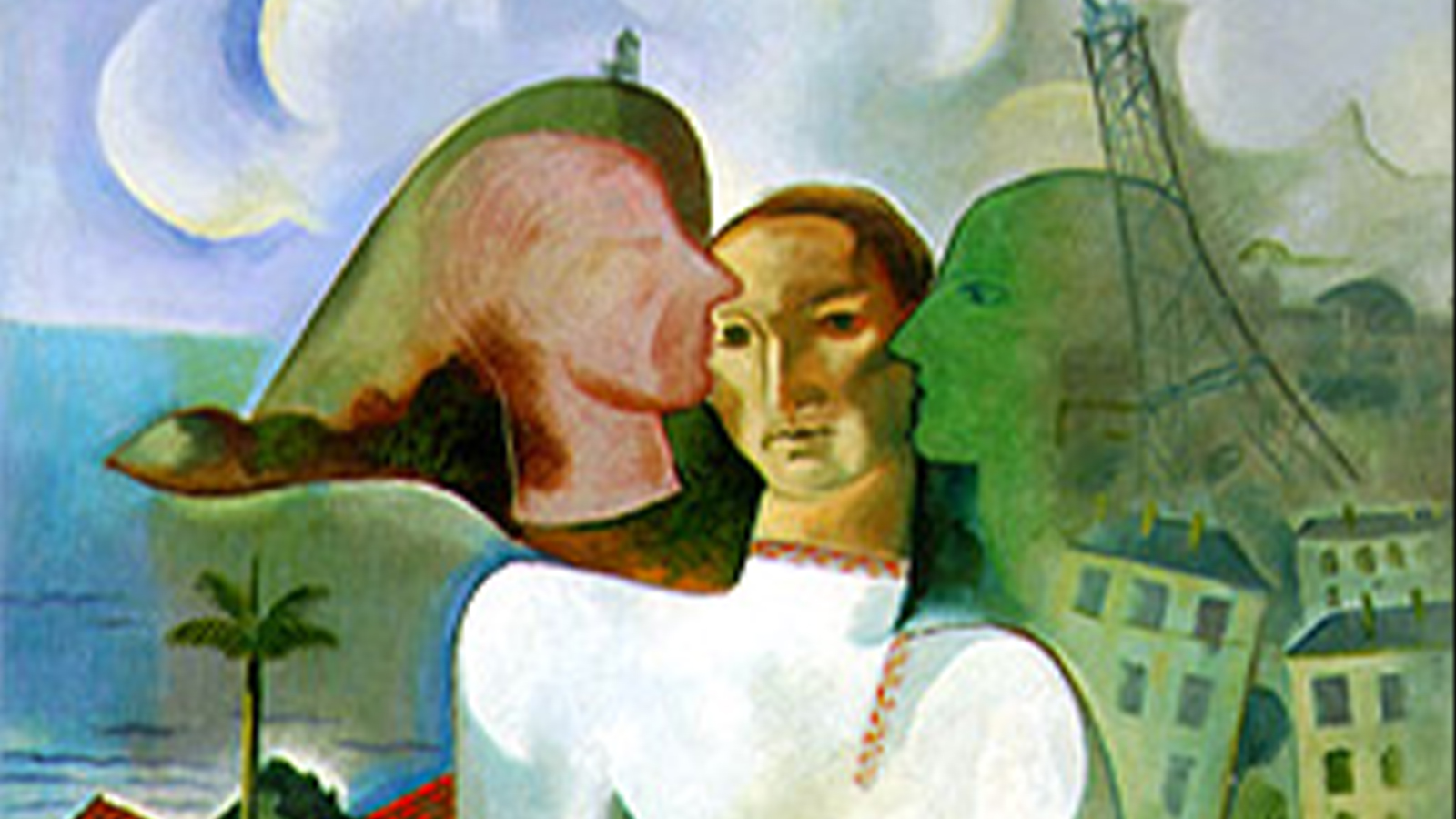 Detalhe de obra de Ismael Nery com figuras sobrepostas e referências ao Rio de Janeiro e a Paris.